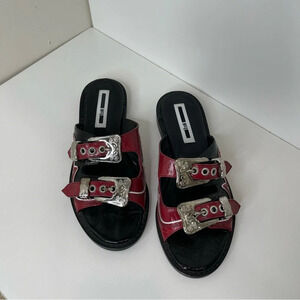 McQ Alexander McQueen Women's Moon
Buckle Crinkle Patent Waxed Calf Slide Sandal